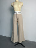 Women's Autumn Round Neck Puff Sleeve Top Tie Wide Leg Pants Casual Two Piece Set