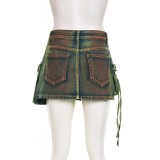 Distressed Multi-Pocket High-Waist Denim Mini Skirt Asymmetrical Leg-Length A-Line Skirt