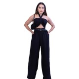 Fashion Women's Sleeveless Sexy Strappy Top Elastic Waist Loose Trousers Two-Piece Set