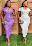 V Neck Sexy Formal Party Dress African Plus Size Women's Beaded Dress
