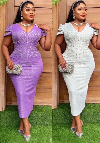 V Neck Sexy Formal Party Dress African Plus Size Women's Beaded Dress