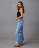 Tassel Washed Ripped Women's Denim Trousers Casual Mid-High Waist Wide Leg Pants