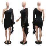 Slash Shoulder Irregular Sequin Women Bodycon Dress
