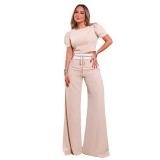 Women's Autumn Round Neck Puff Sleeve Top Tie Wide Leg Pants Casual Two Piece Set
