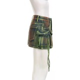 Distressed Multi-Pocket High-Waist Denim Mini Skirt Asymmetrical Leg-Length A-Line Skirt