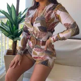 Women's Printed Long Sleeve Shirt Shorts Fashion Women's Two Piece Set