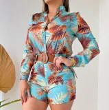 Women's Printed Long Sleeve Shirt Shorts Fashion Women's Two Piece Set