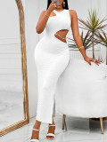 Women Summer Solid Casual Round Neck Off-Shoulder Cut Out Sexy Maxi Dress