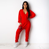 Women Loose Casual Solid Sexy Deep V Neck Jumpsuit
