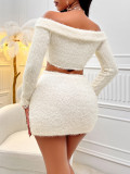 Women Sexy Autumn and Winter Solid Off Shoulder Long Sleeve Plush Top and Skirt Two-piece Set