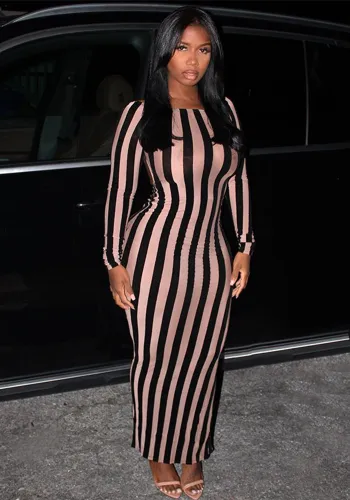 Women Autumn Long Sleeve Striped Print Backless Bodycon Dress