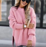 Women Half Turtle Collar Loose Solid Long Sleeve Side Slit Knitting Sweater