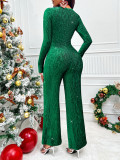 Women Solid Round Neck Long Sleeve Jumpsuit