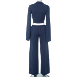 Women Contrast Zipper Crop Top Pants Two-Piece Set