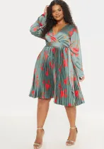 Women sexy deep v-neck pleated floral dress