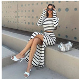 Women Autumn Classic Striped Long Sleeve Crop Top and Button Skirt Two-piece Set