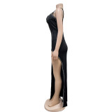 Women Solid Beaded Sleeveless Slit Maxi Dress