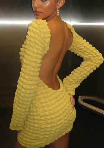 Women Autumn Solid Long Sleeve Popcorn Sexy Backless Mini Dress