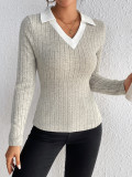 Autumn Women long sleeve knittingv collar knitting Basic Top