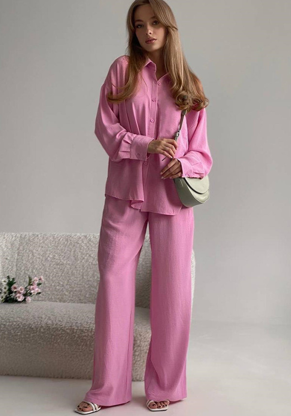 Women Autumn Chic Solid loose long-sleeved shirt and high-waisted trousers Casual two-piece set