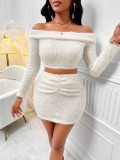 Women Sexy Autumn and Winter Solid Off Shoulder Long Sleeve Plush Top and Skirt Two-piece Set