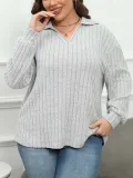 Women's Tops Plus Size Women's Turndown Collar Knitting Shirt Ribbed Basic Casual T-Shirt