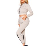 Women's Zipper Long-Sleeved Top Drawstring Pants Casual Two-Piece Suit