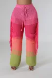 Women's Casual Style Knitting Colorblock Crochet Tassel Loose Straight Pants