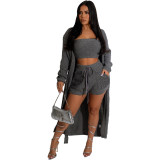 Women's Casual Fashionable Autumn And Winter Knitting Cardigan Strapless Top Shorts Three-Piece Set