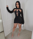 Women's Sexy Hollow Knitted Round Neck Long Sleeve Top Halter Neck Back Hollow Jumpsuit Two-Piece Set