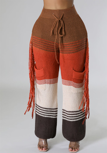 Women's Casual Style Knitting Colorblock Crochet Tassel Loose Straight Pants