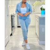 Zippered Drawstring Jacket And Multi-Pocket Cargo Casual Pants Two-Piece Set