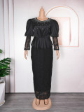 Africa Plus Size Women's Party Evening Dress Beaded Round Neck Lace Dress