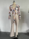 Women's Chic Career Printed Bow Long Sleeve Shirt Wide Leg Pants Casual Suit