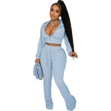 Women's Fashion Solid Color Pocket Zipper Hooded Casual Jacket Bell Bottom Pants Two Piece Set