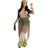 Women's Casual Style Knitting Colorblock Crochet Tassel Loose Straight Pants
