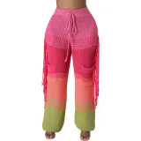 Women's Casual Style Knitting Colorblock Crochet Tassel Loose Straight Pants