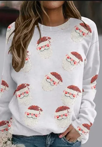 Autumn And Winter Women's Santa Print Casual Round Neck Long Sleeve T-Shirt