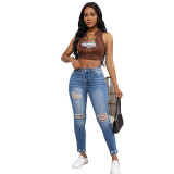 Plus Size  Women's Autumn Elastic High Waist Vintage Washed Ripped Tight Fitting Denim Pants