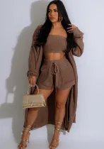 Women's Casual Fashionable Autumn And Winter Knitting Cardigan Strapless Top Shorts Three-Piece Set