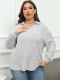 Women's Tops Plus Size Women's Turndown Collar Knitting Shirt Ribbed Basic Casual T-Shirt