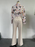Women's Chic Career Printed Bow Long Sleeve Shirt Wide Leg Pants Casual Suit