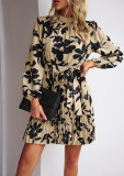 Fall/Winter Holidays Casual Long Sleeve Round Neck Pleated Printed Dress