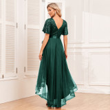 Elastic waist Mesh Patchwork elegant v-neck ruffled short-sleeved evening dress