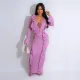 Ruffled V-Neck Lace-Up Slim Fit Long Dress