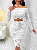 Autumn And Winter Women's Fashionable And Sexy Solid Color Off Shoulder Long-Sleeved Hollow Dress