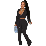 Women's Fashion Solid Color Pocket Zipper Hooded Casual Jacket Bell Bottom Pants Two Piece Set