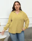 Women's Tops Plus Size Women's Turndown Collar Knitting Shirt Ribbed Basic Casual T-Shirt