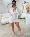 Women's Sexy Hollow Knitted Round Neck Long Sleeve Top Halter Neck Back Hollow Jumpsuit Two-Piece Set