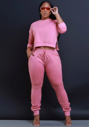 Plus Size Women's Autumn Solid Color Zipper Slit Casual Two-Piece Pants Set